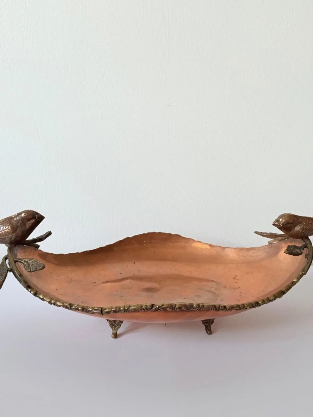 Vintage Copper and Brass Footed Tray Bowl Bird Handles Possibly made in Mexico